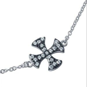 Sterling Silver 925 Rhodium Plated CZ Iron Cross Chain Bracelet 7 inches